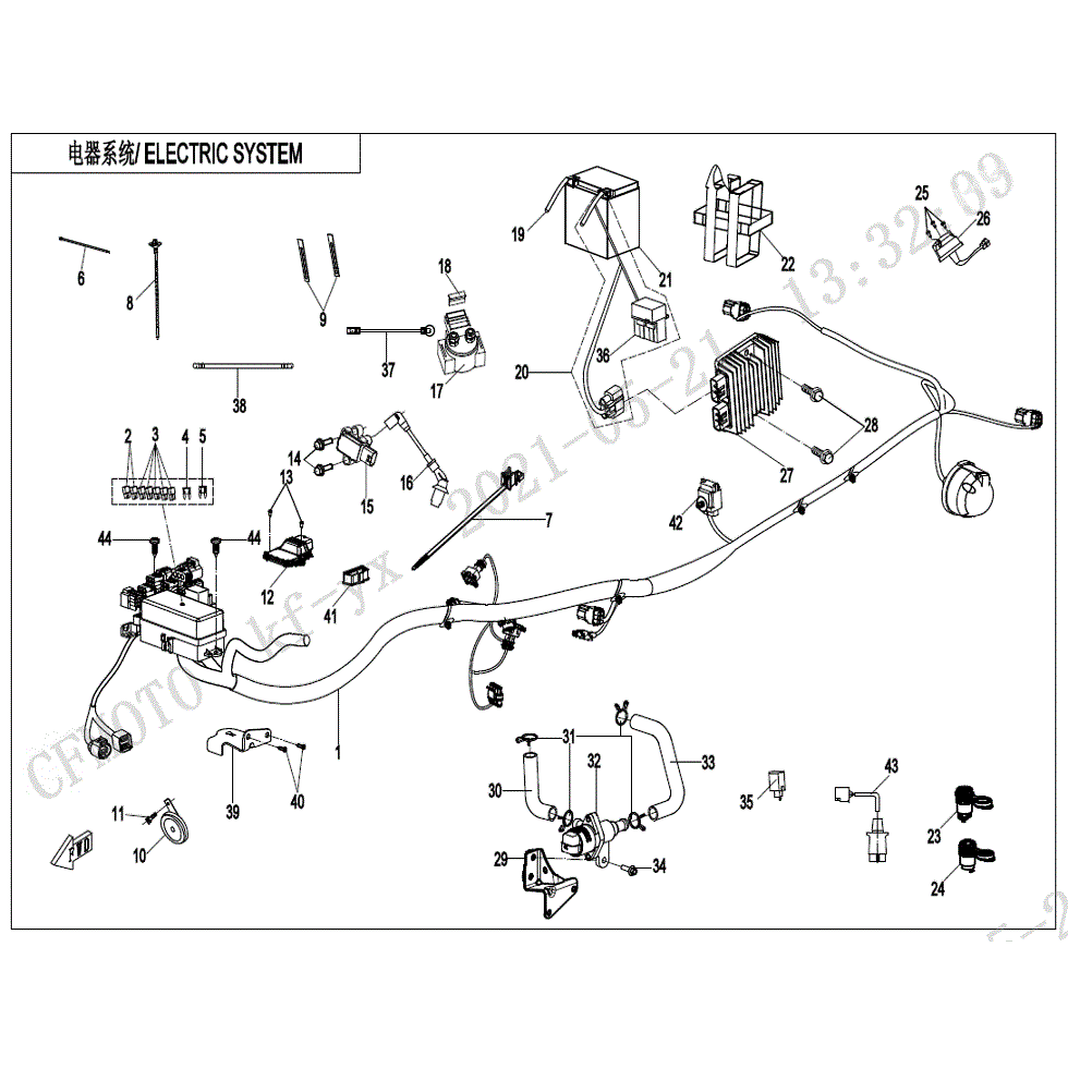 An Image of a genuine CFMOTO Parts Schematic Diagram showing the group - ELECTRIC SYSTEM (NA) - 2022 CFMOTO CFORCE 600 Touring