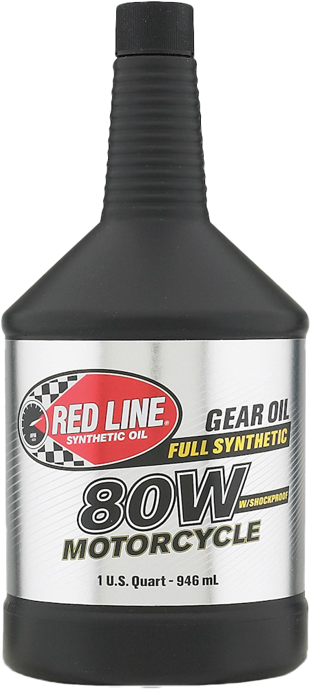 A black bottle of Gear Oil W/Shockproof 80W 1Qt by Red Line, full synthetic motorcycle oil for wet-clutch operation, with cushioning protection, 1 U.S. quart (946 mL), featuring a red, white, and black label.