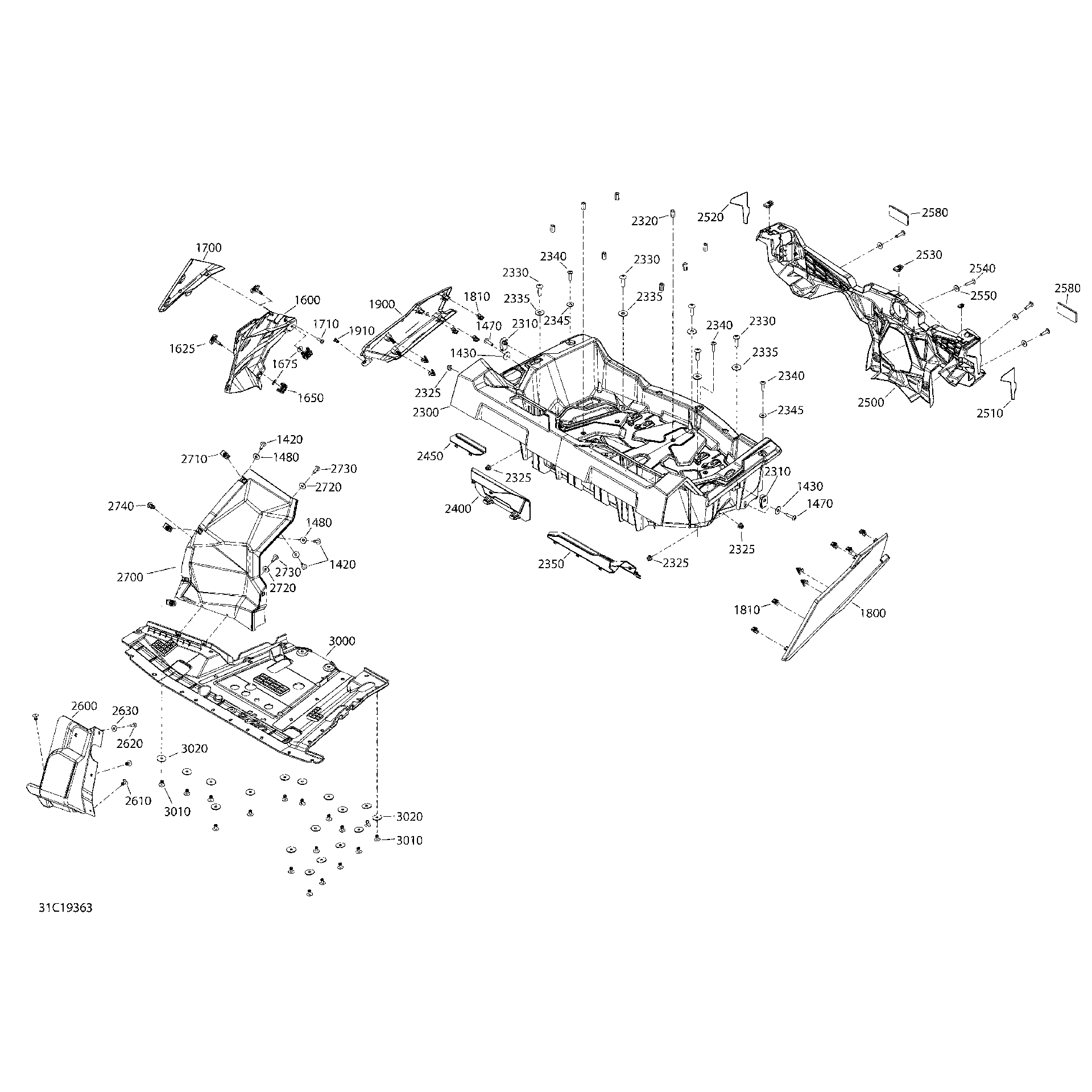 An Image of a Genuine Can-Am Parts Schematic Diagram showing the schematic - BODY - 1000 - REAR SECTION