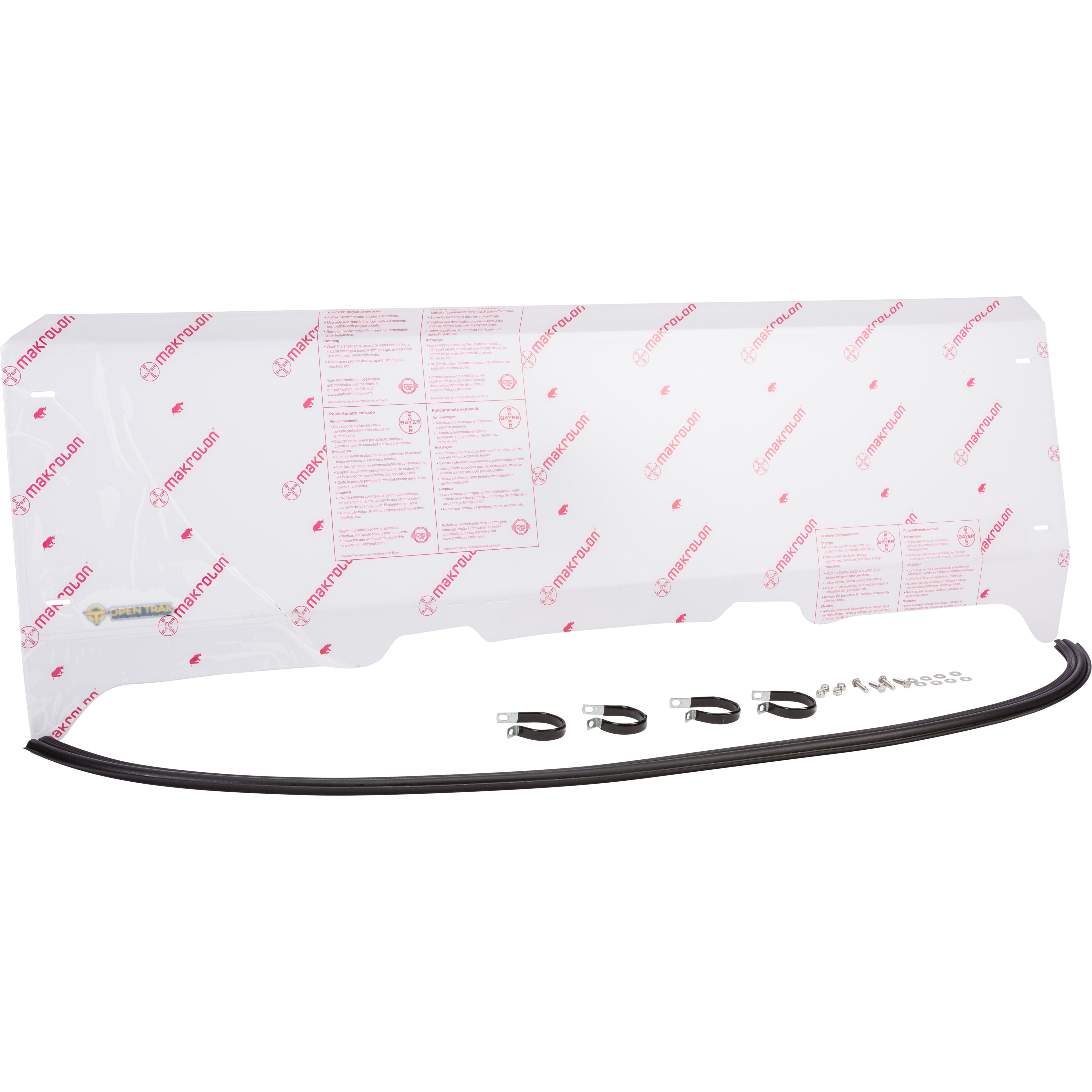 The Half Windshield by Open Trail, made of transparent Makrolon Polycarbonate, includes a protective film, four mounting brackets, a rubber seal, and hardware—perfect for vehicles with roll bars. Displayed on a white background.