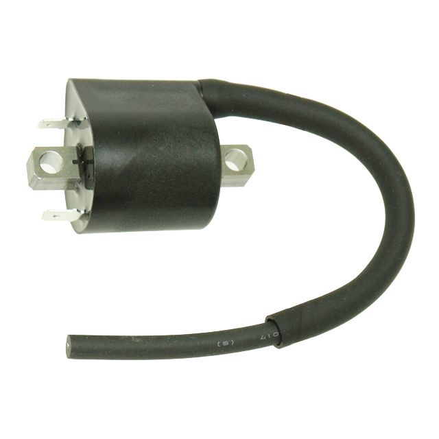 A Suzuki KingQuad FSI Ignition Coil by Bronco, featuring metal connectors and a thick, curved wire extending from one end, is displayed against a white background.