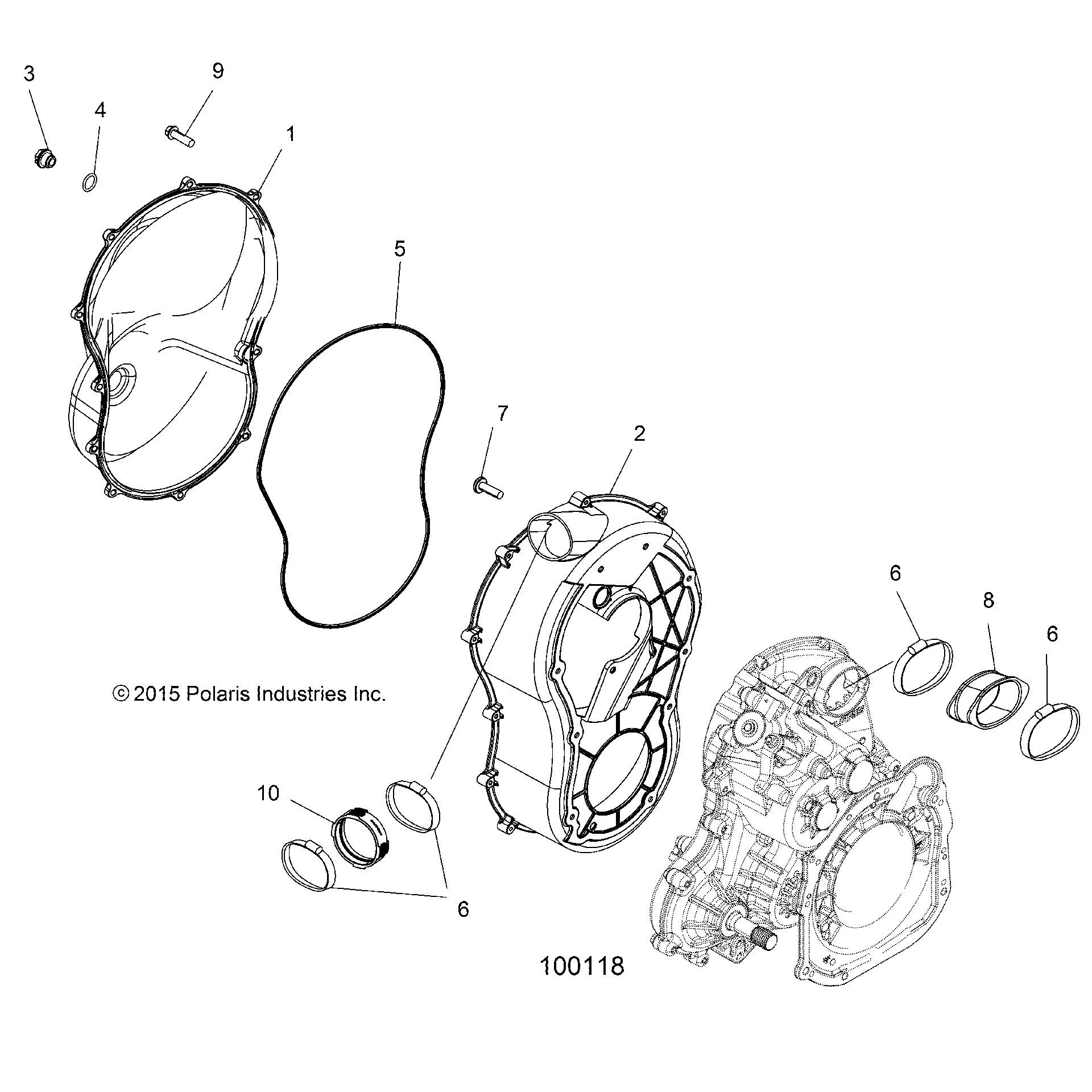 An Image of a Genuine Polaris Parts Schematic Diagram showing the schematic - BODY: CLUTCH COVER AND BOOTS - 2016 POLARIS SPORTSMAN 850 HIGH LIFTER