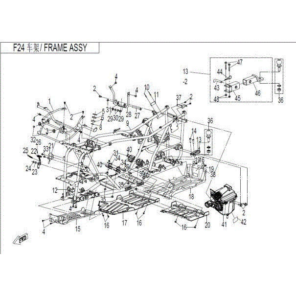 An Image of a genuine CFMOTO Parts Schematic Diagram showing the group - FRAME ASSY - 2016 CFMOTO CFORCE 500 SWB