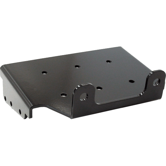 The Winch Mount by Open Trail is a black metal bracket with multiple hole sizes, a raised edge, and two flanges with holes—perfect for use as a UTV plate or in front-mount systems to securely attach other components.
