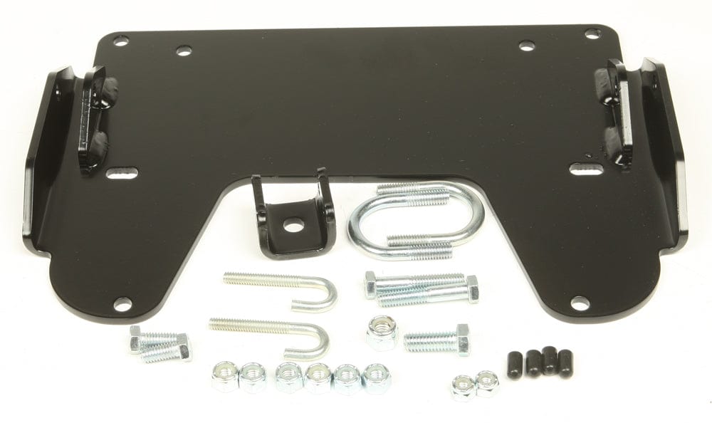 The Honda Rancher Provantage Center Snow Plow Mounting Kit by Warn includes a black metal bracket and assorted bolts, U-bolts, nuts, washers, and black caps—perfect for plowing tasks.