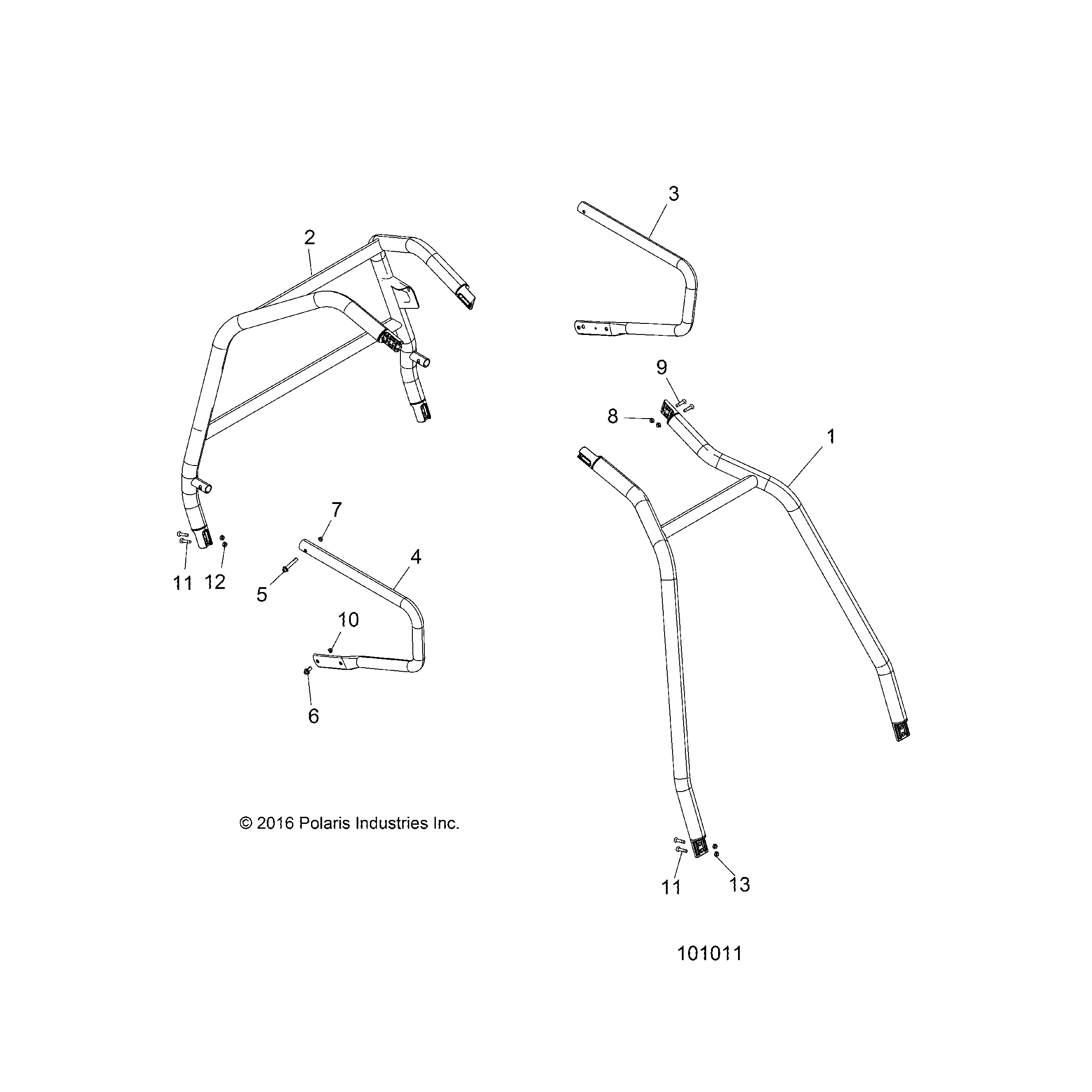 An Image of a Genuine Polaris Parts Schematic Diagram showing the schematic - CHASSIS: CAB FRAME AND SIDE BARS - 2017 POLARIS ACE 570 EFI