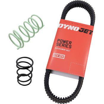 The Defender Grip N Rip Clutch Kit HD10 by Dynojet is displayed with a red-packaged Power Series UTV/ATV belt, a green high performance clutch kit spring, and a black coil spring on a white background.