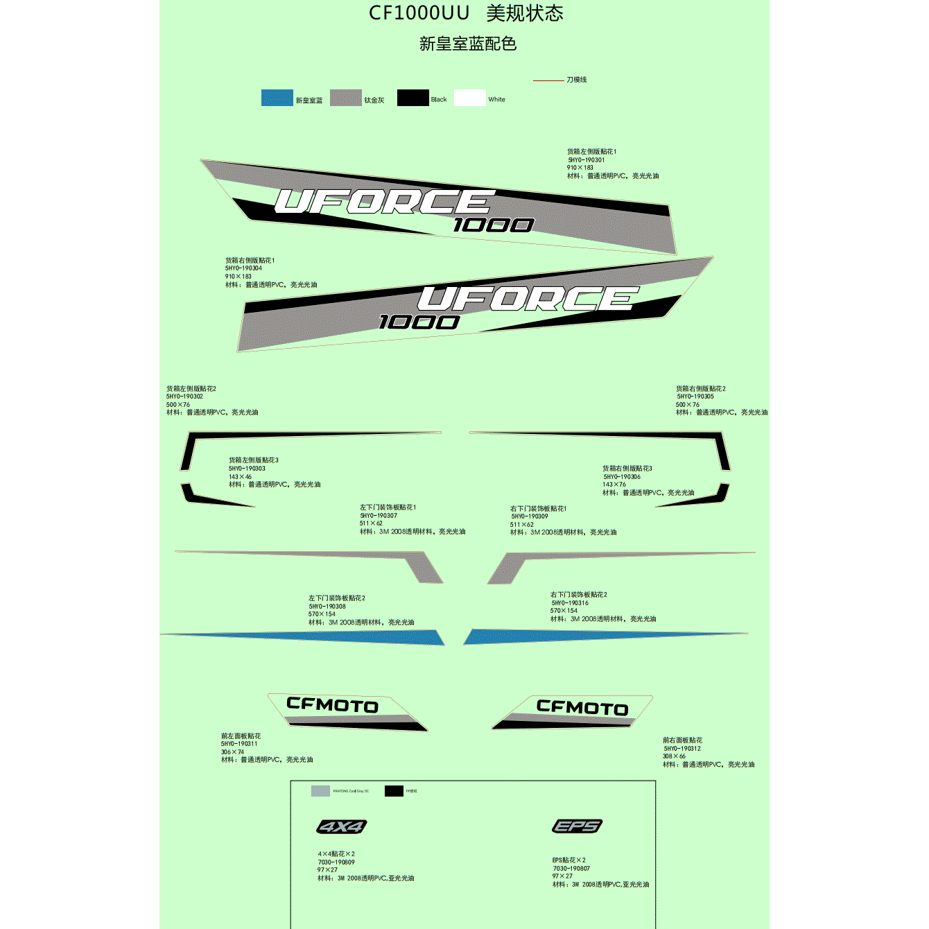 An Image of a Genuine CFMOTO Parts Schematic Diagram showing the schematic - DECAL KITS - 2021 CFMOTO UFORCE 1000