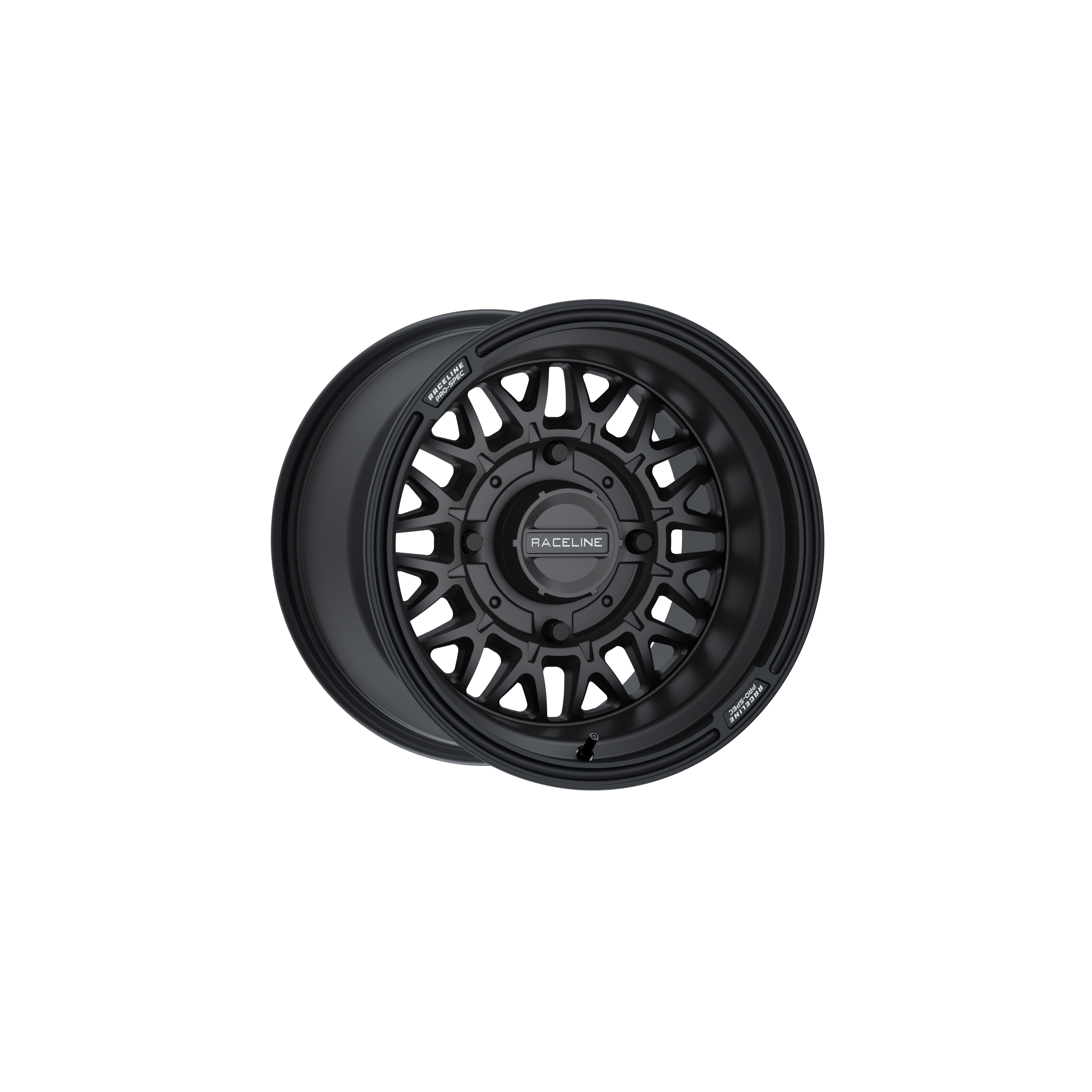 A satin black ATV / UTV Raceline Omega 15X10 4/156 5+5 (0mm) alloy wheel rim by Raceline, featuring a multi-spoke design, shown angled to display both the front face and inner side on a transparent background.