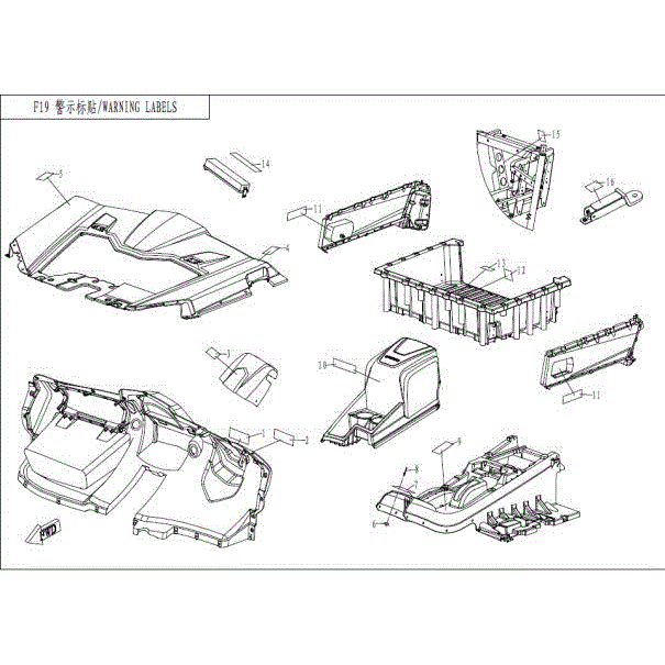 An Image of a Genuine CFMOTO Parts Schematic Diagram showing the schematic - WARNING LABELS - 2016 CFMOTO UFORCE 800