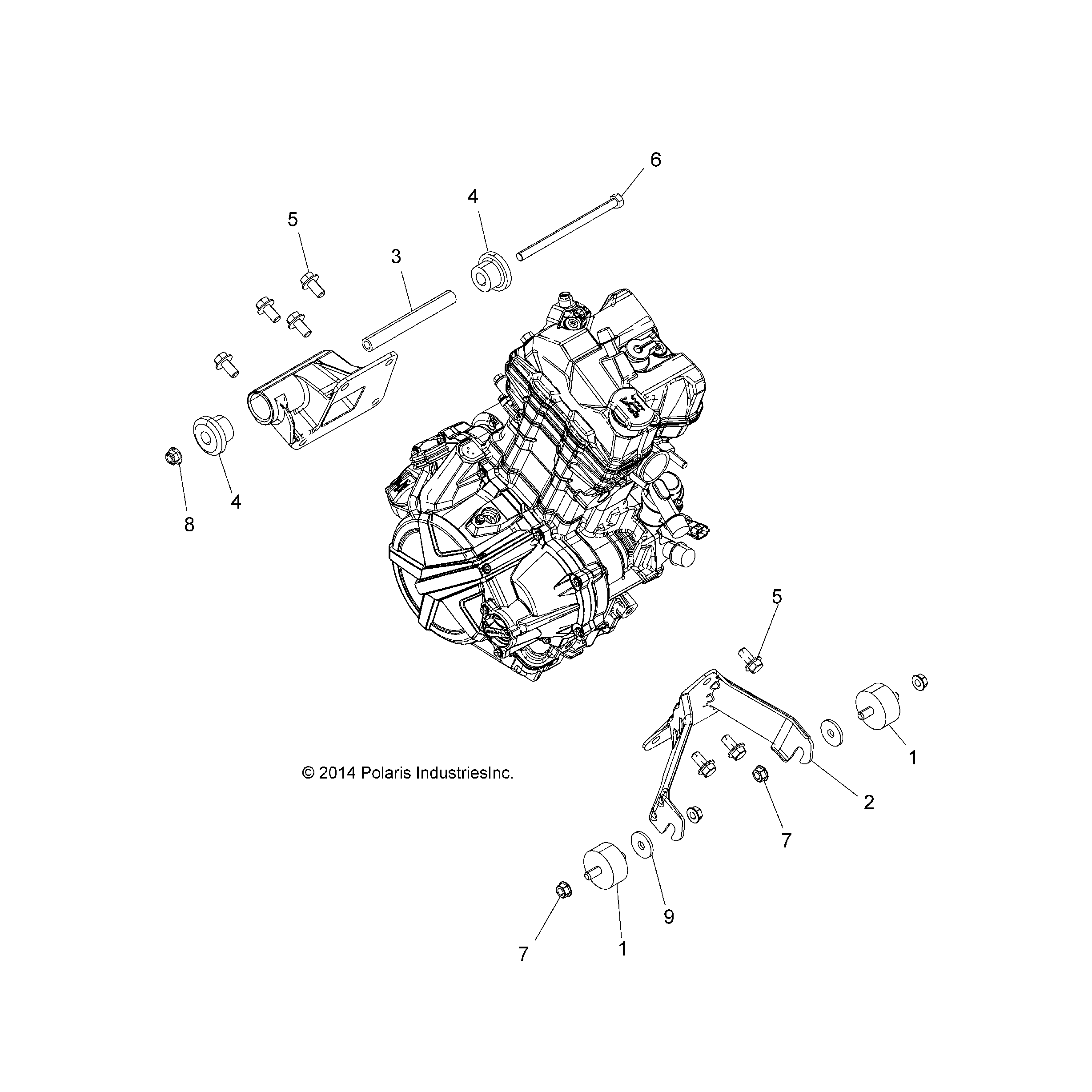 An Image of a Genuine Polaris Parts Schematic Diagram showing the schematic - ENGINE: MOUNTING & LONG BLOCK - 2015 POLARIS HAWKEYE 325 2X4