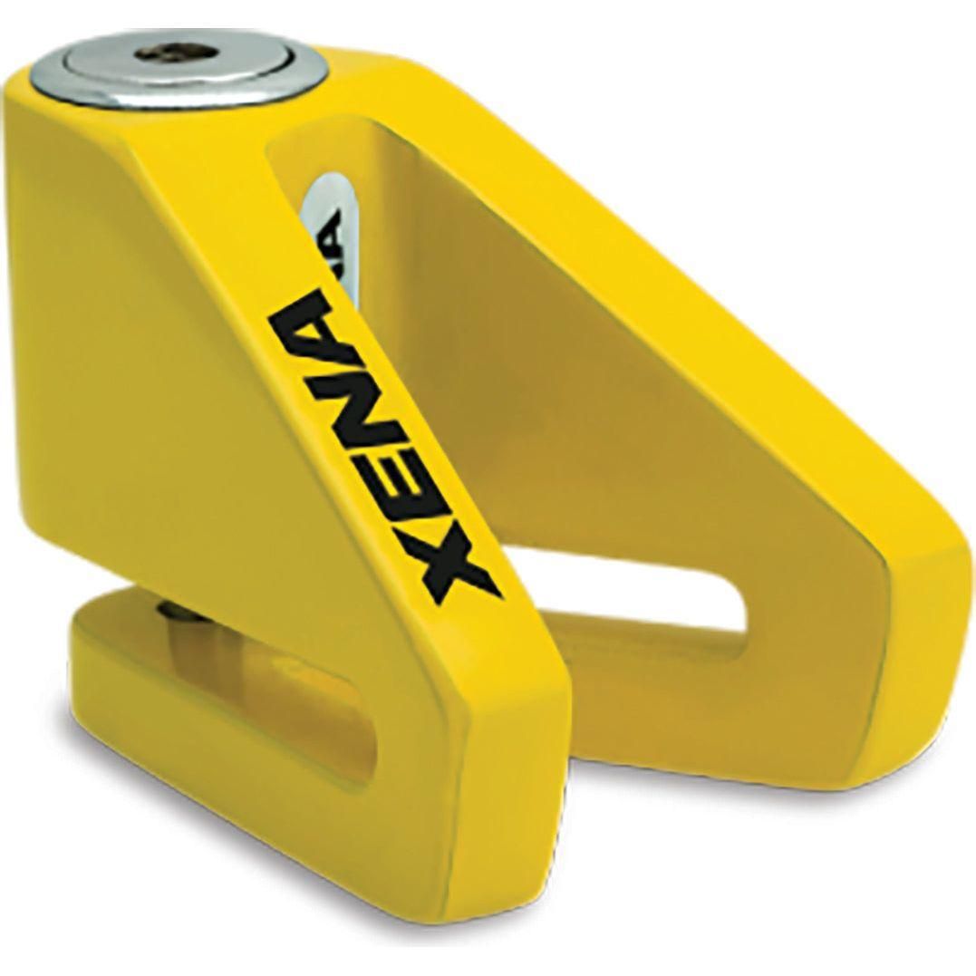 The X1 Disc Lock Yellow by Xena is a durable motorcycle brake lock with a sturdy metal build, 6mm hardened steel pin, and ice spray proof protection. XENA is printed in black on the side.