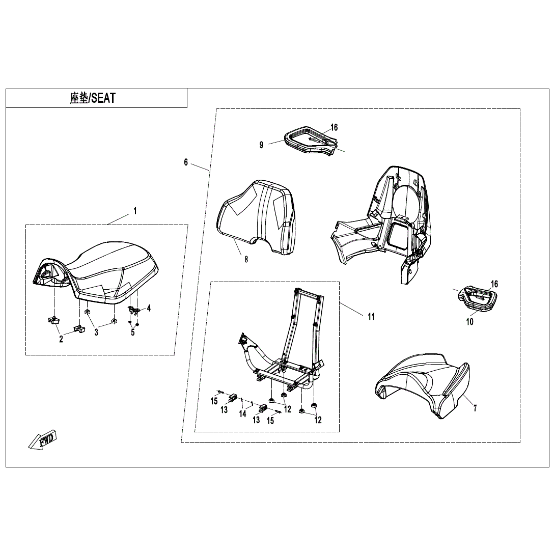An Image of a genuine CFMOTO Parts Schematic Diagram showing the group - SEAT -BLACK AND GRAY - 2021 CFMOTO CFORCE 800 XC