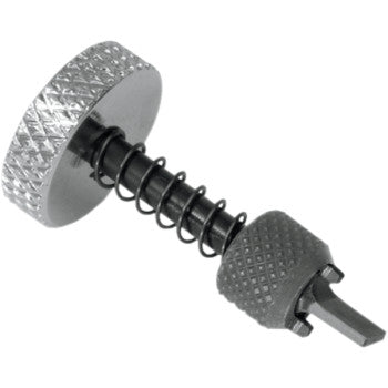 A close-up of the K&L Supply Screw Type Cam Tensioner Tool shows its metal thumb screw with textured grip, coiled spring, and notched tip—key features for effective tensioner installation—set on a white background.