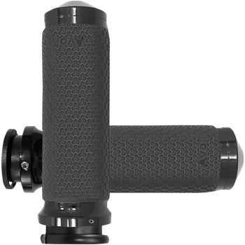 The Memory Foam Grips - Medium - Black by Avon Grips feature two black textured grips with end caps, arranged in a cross on a white background, delivering superior vibration dampening and comfort for bicycle handlebars.