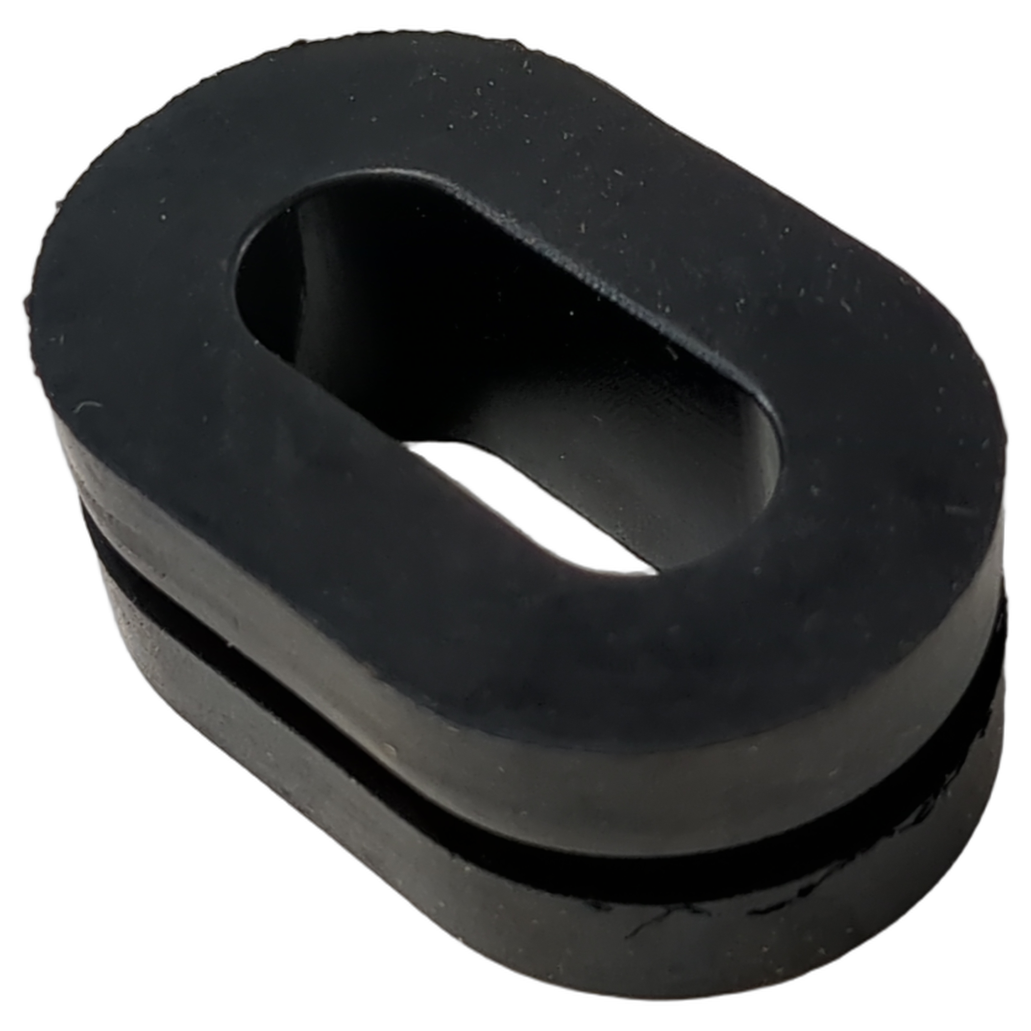 Black oval rubber radiator cushion with a long central slot and grooved lower edge.