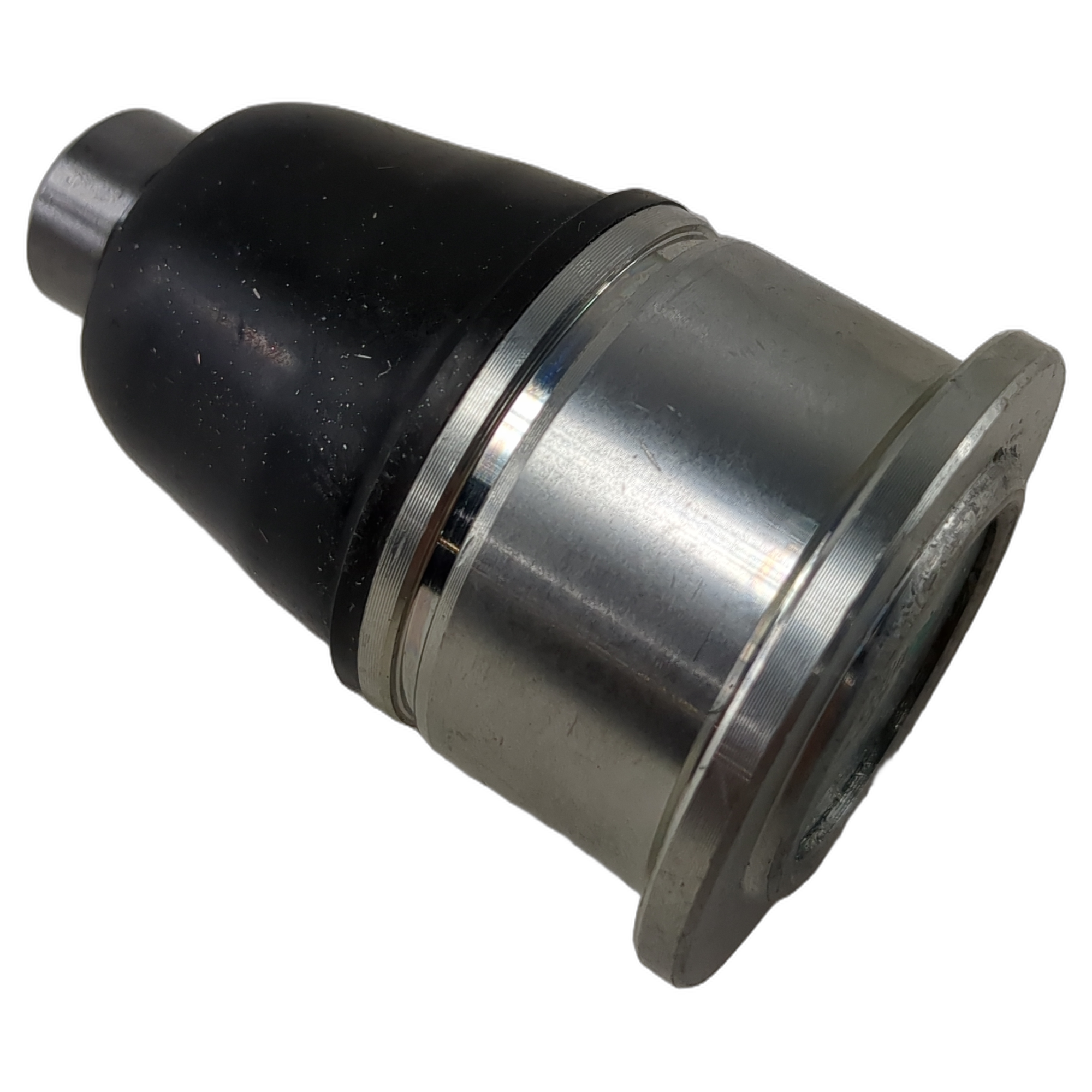 Metal suspension bottom ball pin with black rubber dust cover and silver mounting flange.