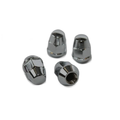 Set of four chrome-plated lug nuts with hexagonal shape and closed-end design.