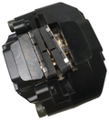 Black metal rear brake caliper with visible brake pads and silver mounting hardware.