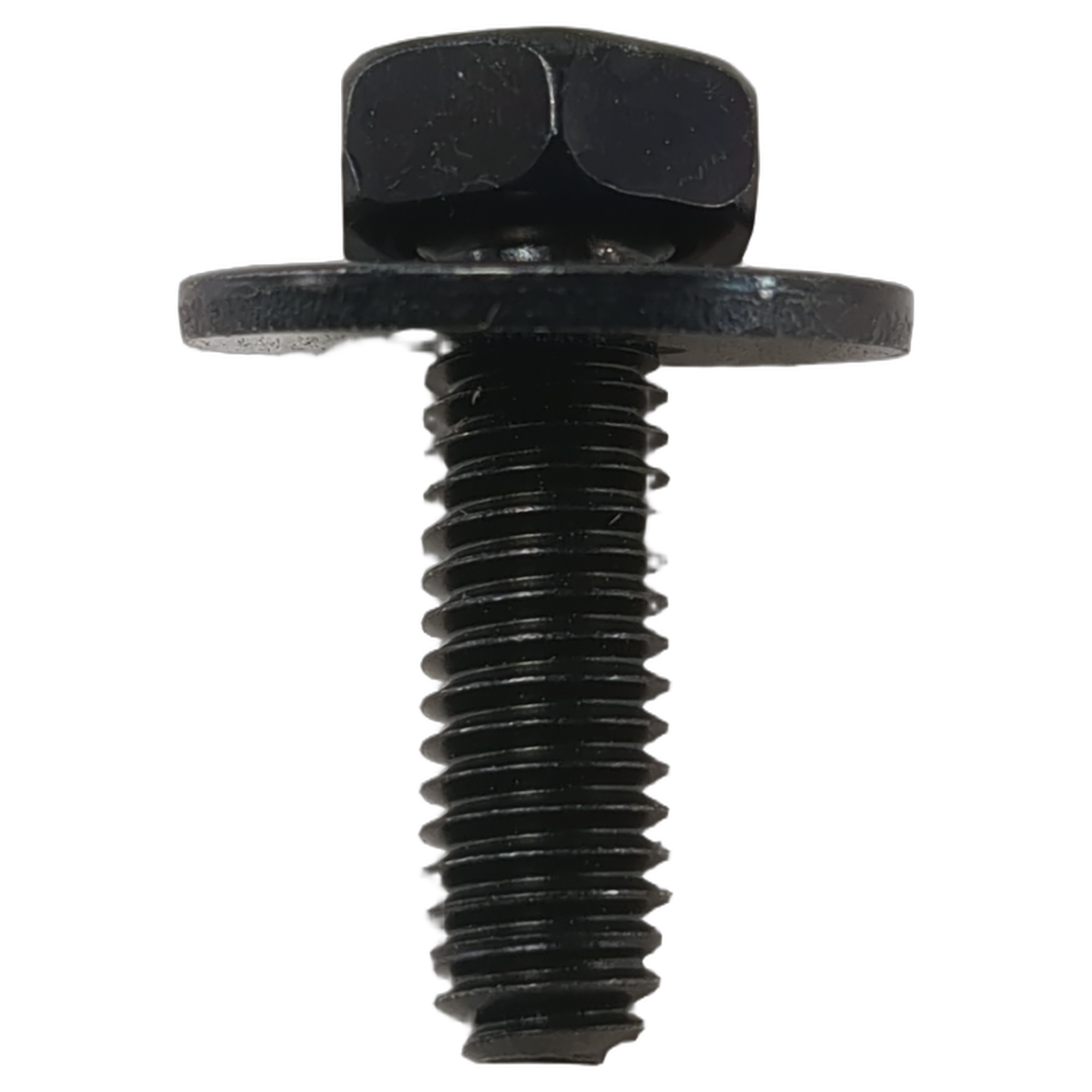 Black metal bolt with integrated washer and hex head, threaded shaft visible.