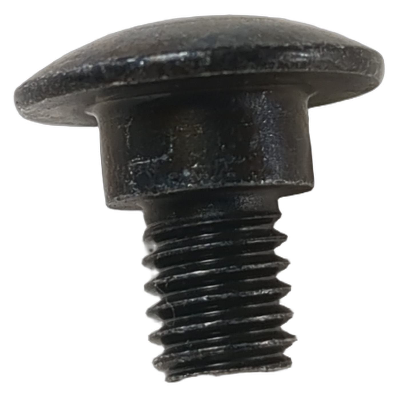 Black short metal pan head screw with coarse threading and flat rounded top.