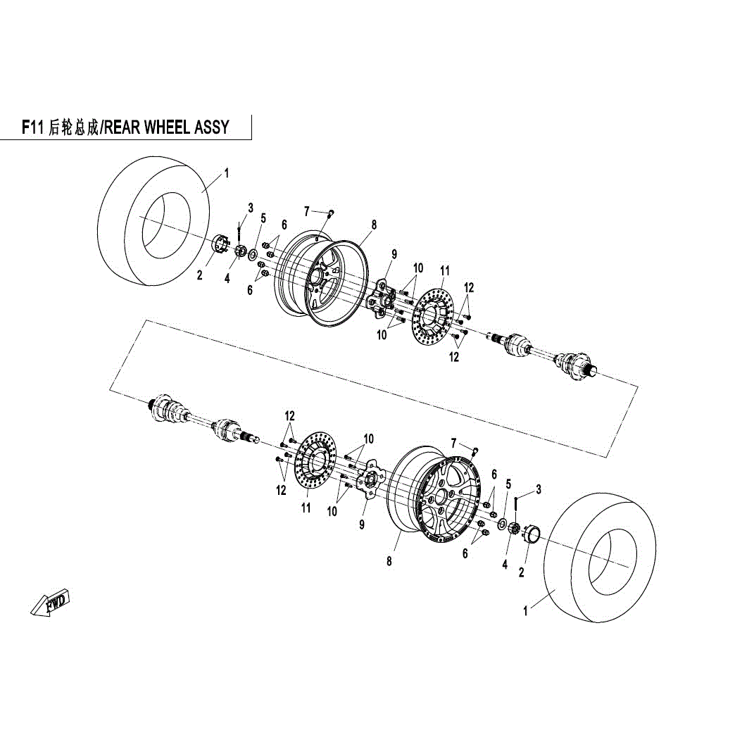 An Image of a Genuine CFMOTO Parts Schematic Diagram showing the schematic - REAR WHEEL ASSY - 2017 CFMOTO ZFORCE 800 Trail