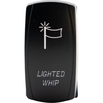 The Rocker Switch Whip Light by Brite-Lites is a black switch with a white flag icon and "LIGHTED WHIP" label, perfect for controlling whip lights on your vehicle.