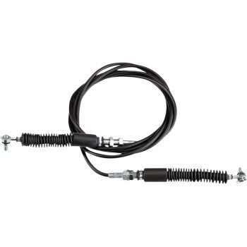 Black flexible shifter cable with metal connectors and protective rubber boots on both ends.