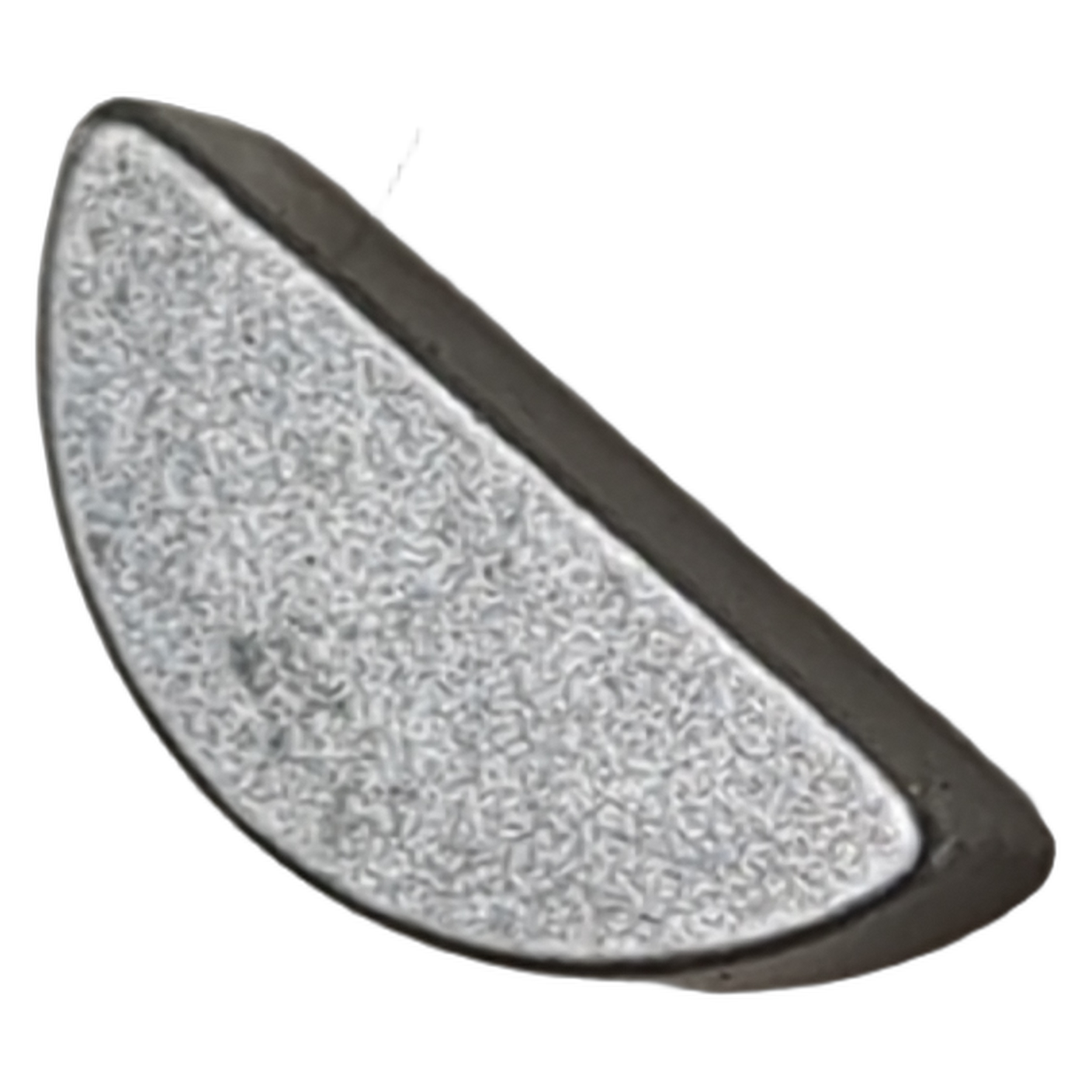 Gray textured metal Woodruff key with a semicircular shape and flat edge.