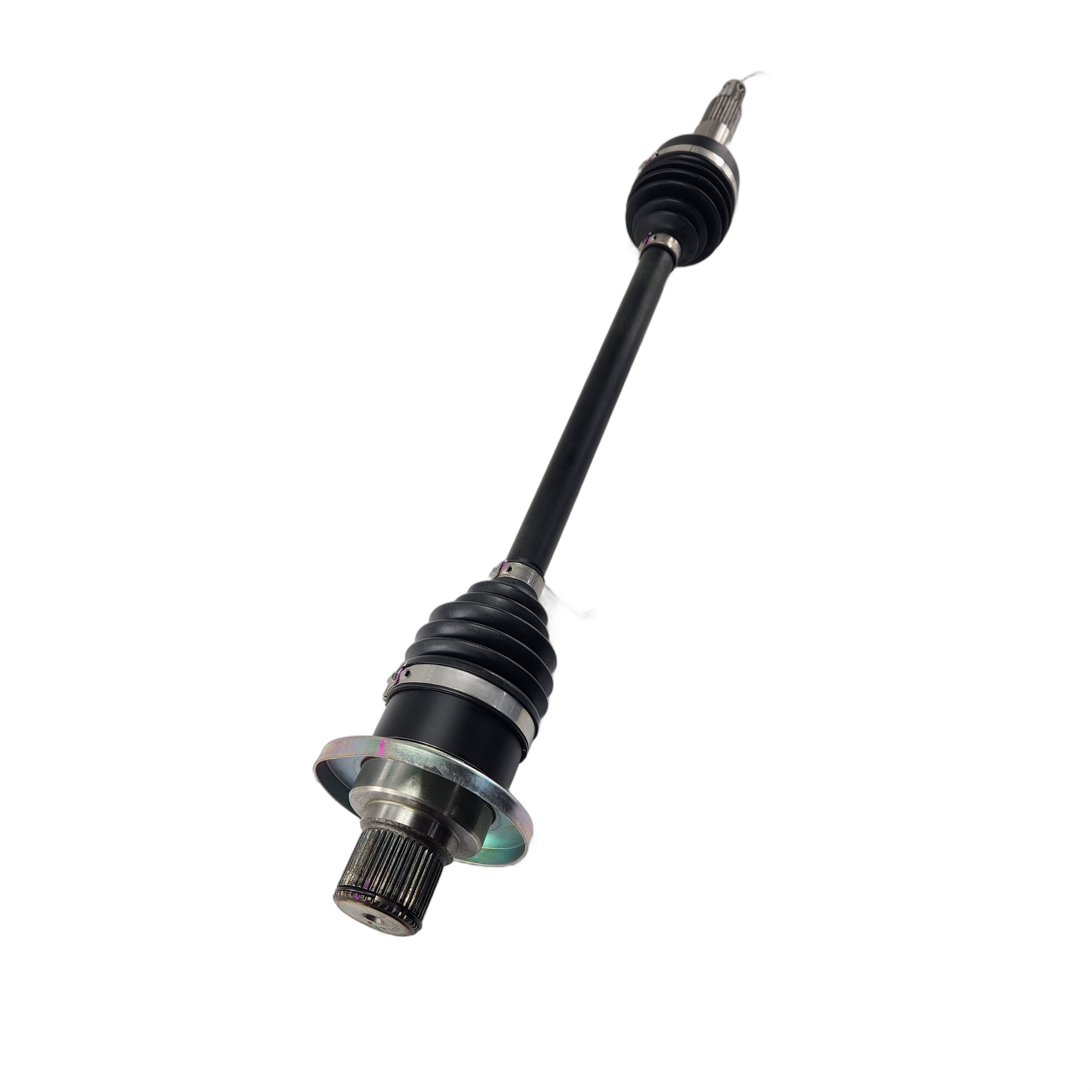 A Rear CV Drive Shaft LH by CF Moto (requires new retaining nut 5Hy0-110001 when replacing original), featuring metal ends and rubber boots, shown in black on a white background.