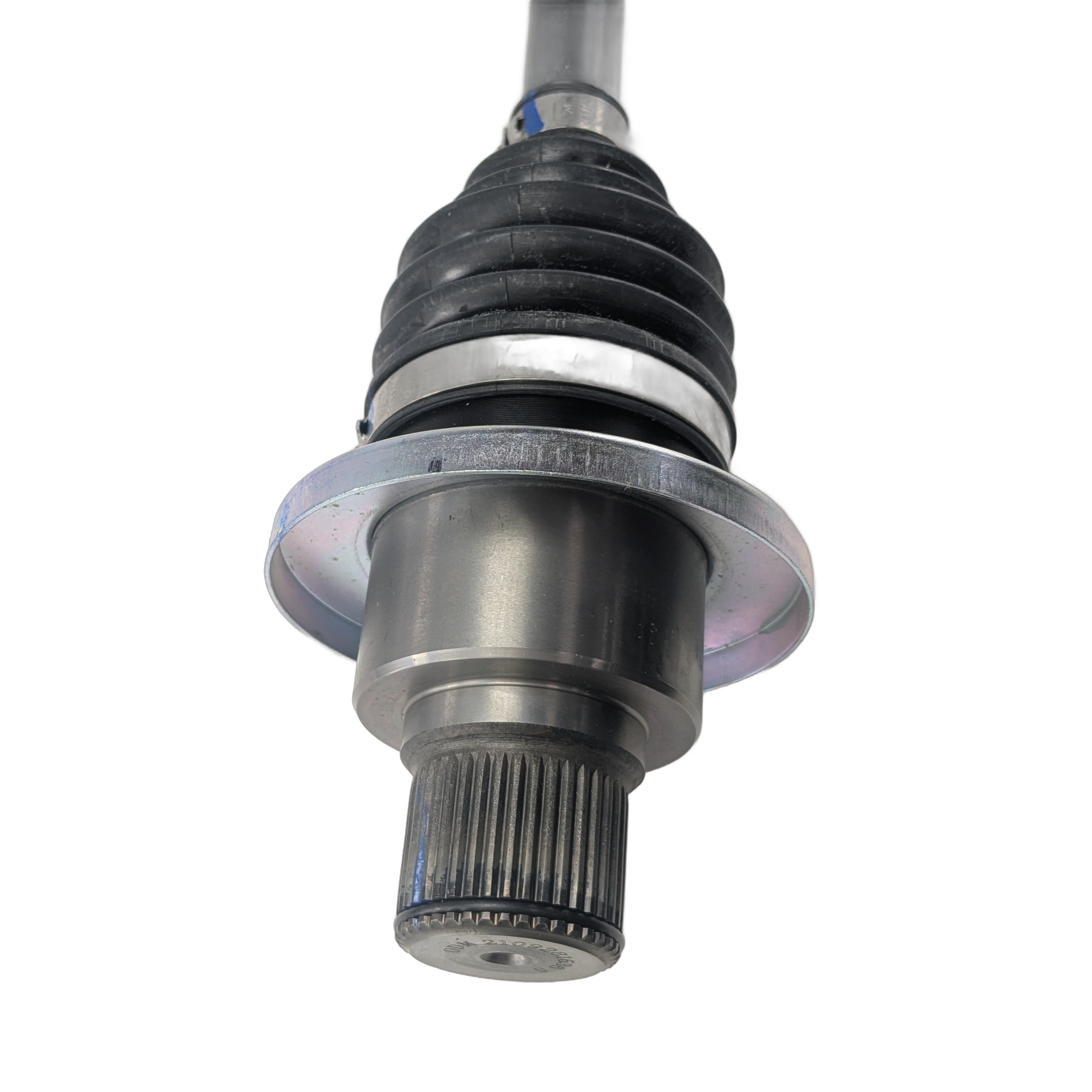Close-up view of a Rear Cv Drive Shaft Rh by CFMOTO for UTVs, featuring a black rubber boot and splined end. Requires new retaining nut 5Hy0-110001 when replacing the original shaft. Perfect OEM off-road replacement, isolated on white background.