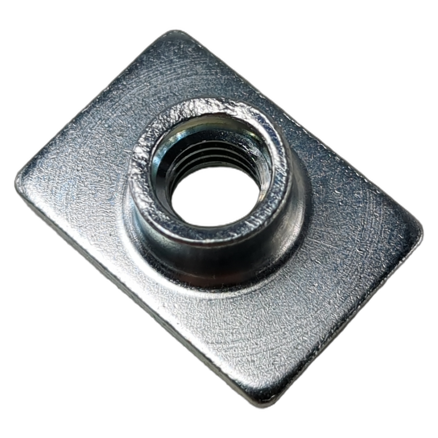 Rectangular silver metal nut with threaded circular hole and slightly raised center ring.