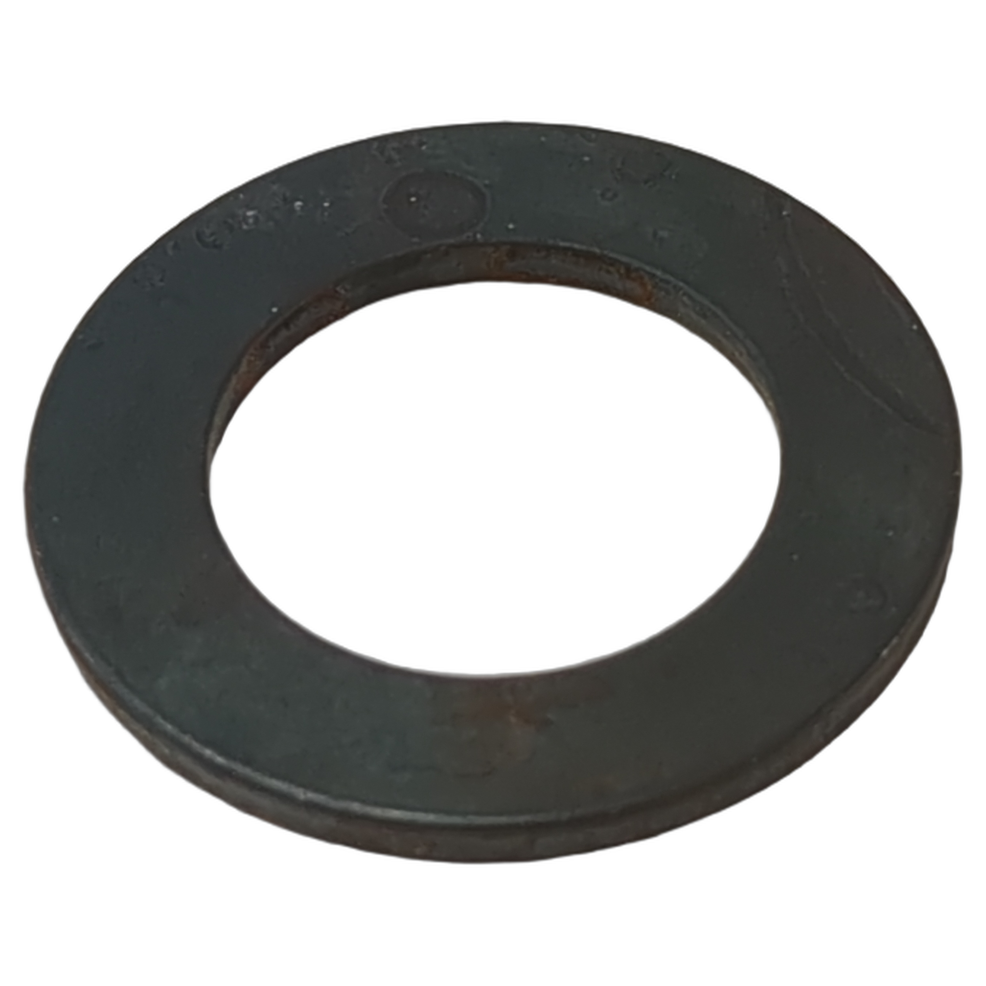 Black metal flat washer with a 16mm inner diameter and smooth surface.