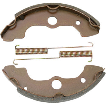 Two Brake Shoes by Ebc with bonded linings and two original-style springs are displayed on a white background, highlighting essential components commonly used in drum brake systems.