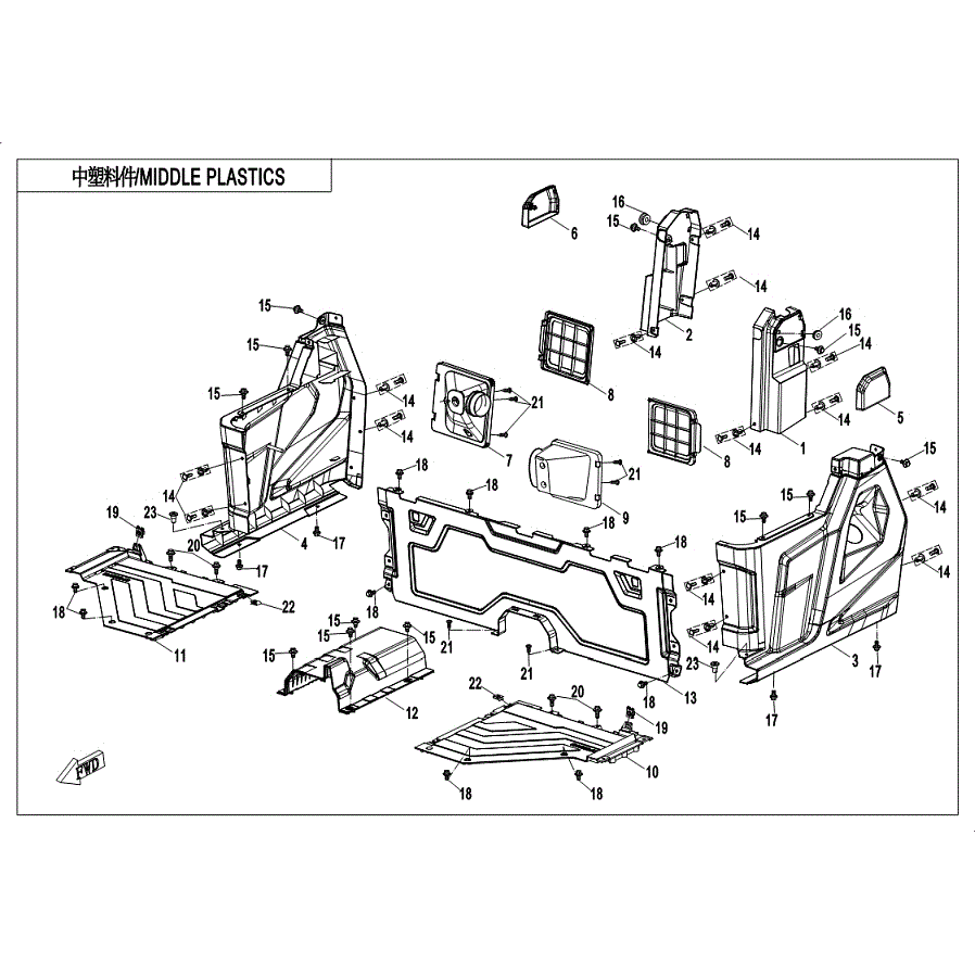 An Image of a Genuine CFMOTO Parts Schematic Diagram showing the schematic - MIDDLE PLASTICS(2) - 2019 CFMOTO UFORCE 1000