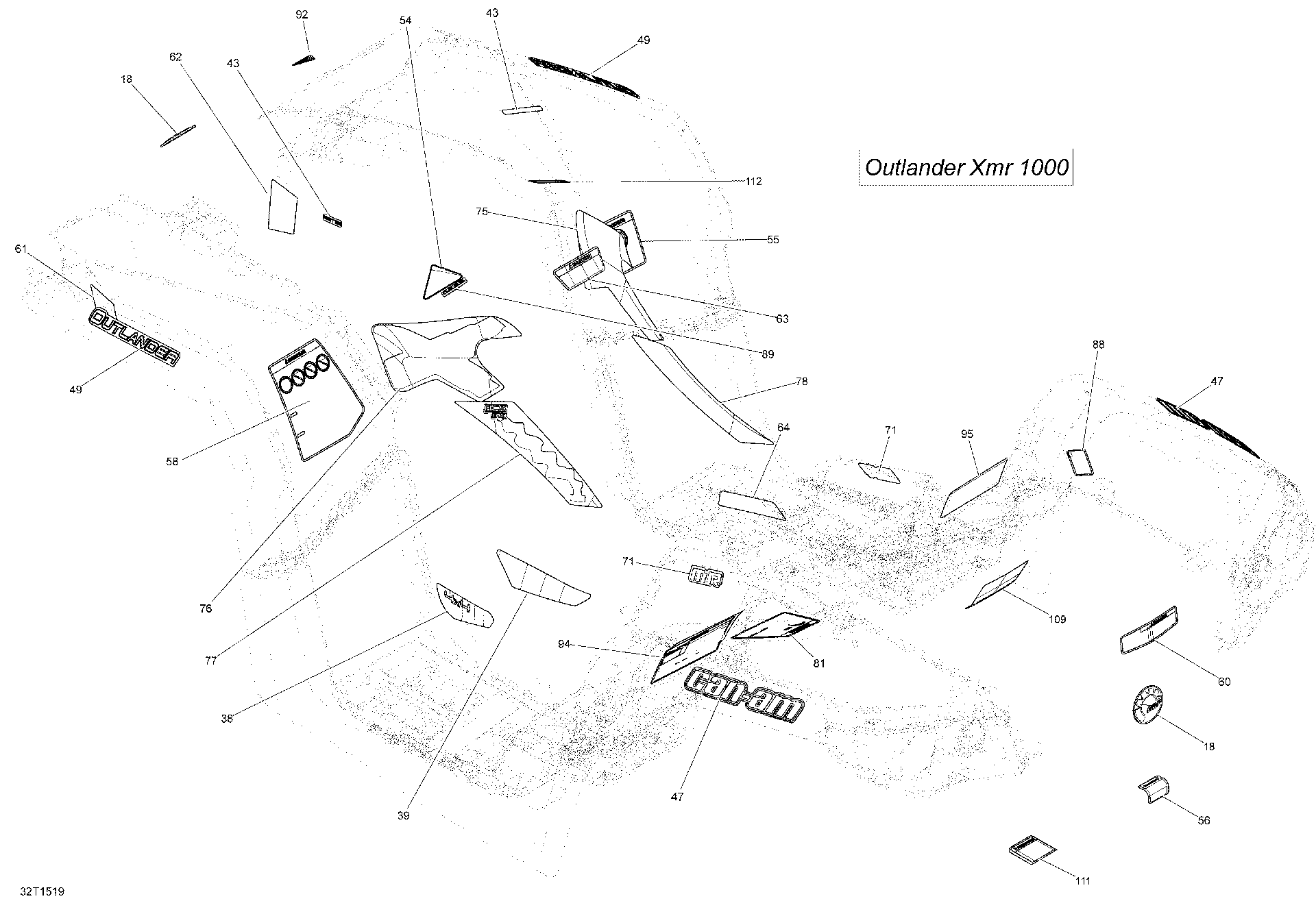 An Image of a Genuine Can-Am Parts Schematic Diagram showing the schematic - DECALS _32T1519