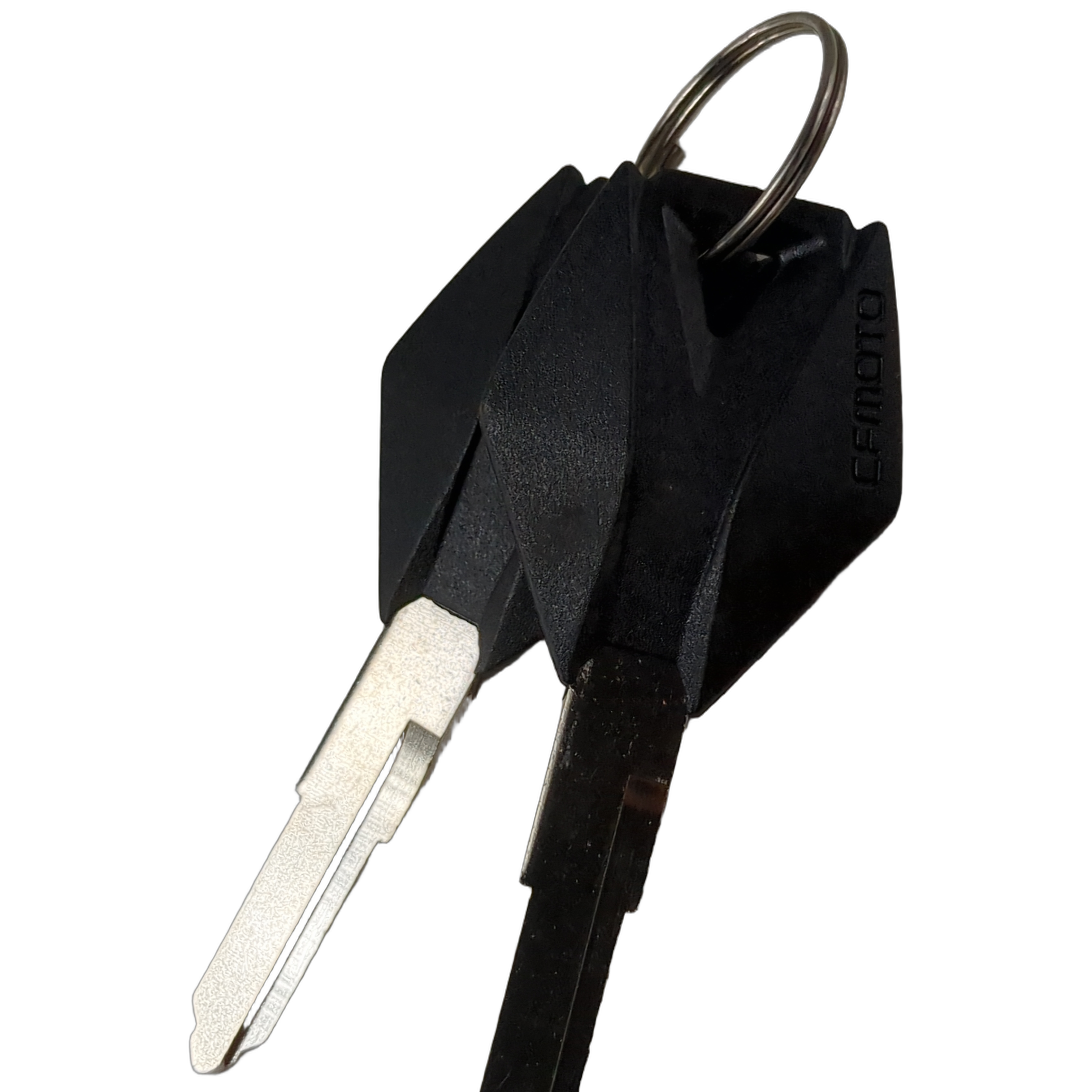 Pair of black plastic-headed metal key blanks on a small silver keyring.