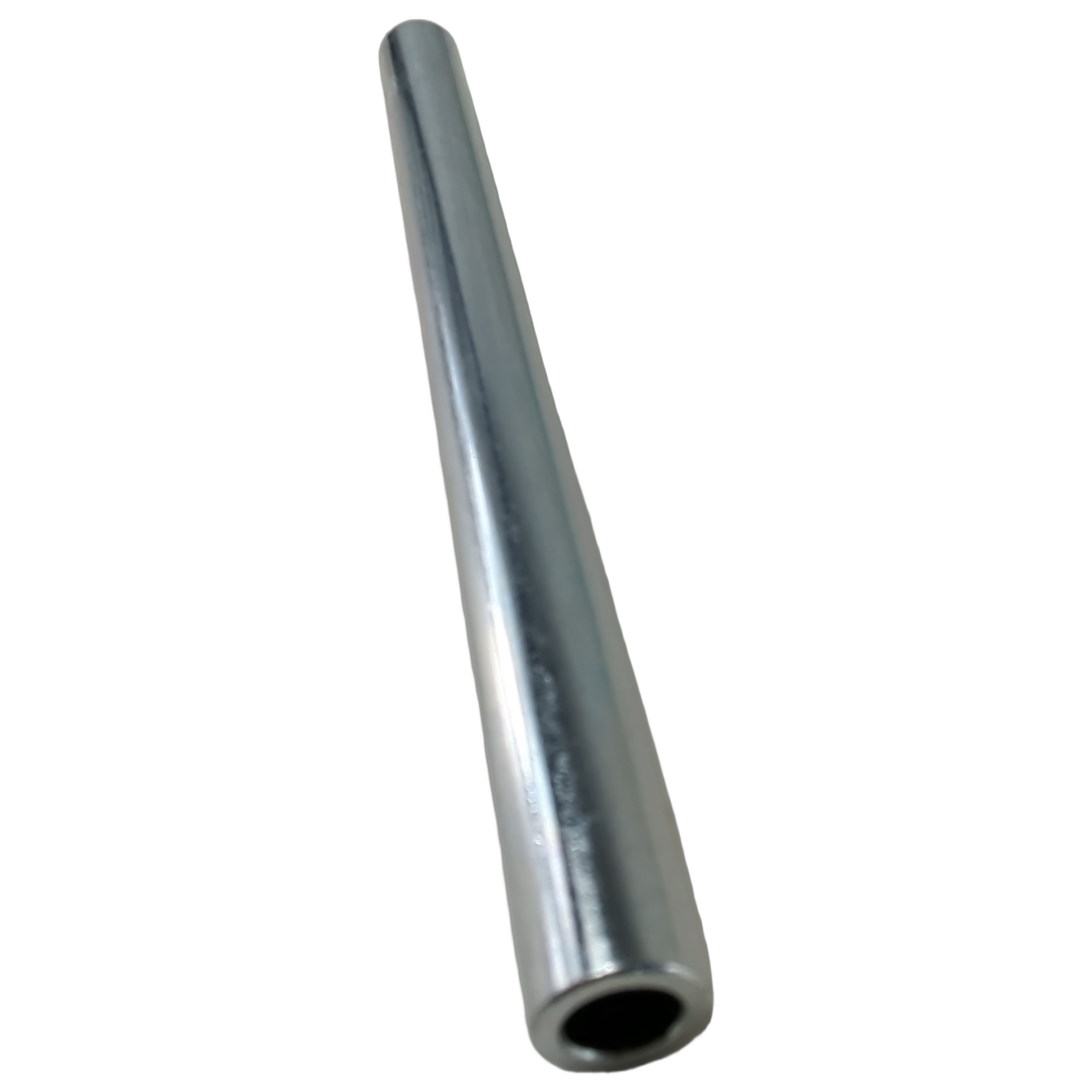 Cylindrical silver metal spacer with hollow center and smooth finish.