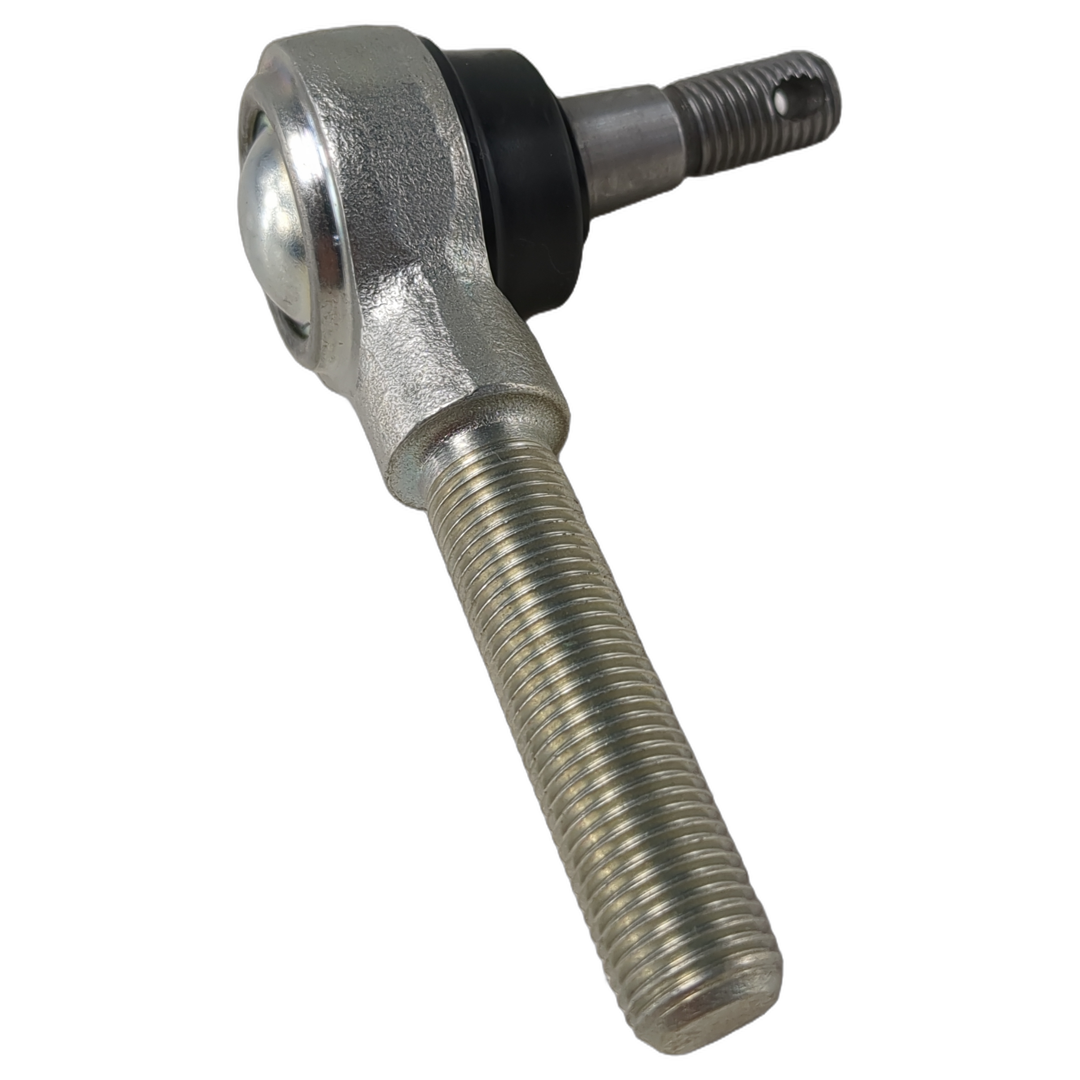 Silver metal steering tie rod end with threaded shafts and black rubber seal ring.