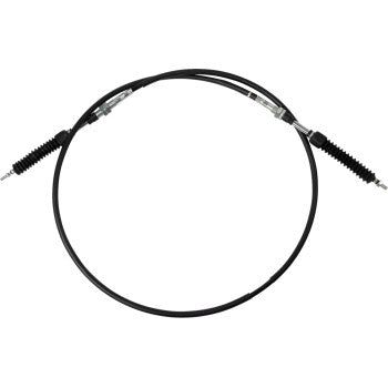 Black flexible UTV shifter cable with metal connectors and protective rubber boots on both ends.