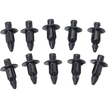 Ten Push Rivet Kit Three Stage M6 by Moose Offroad, black nylon, arranged in two rows on a white background; 10-pack features factory sizes ideal for automotive fastening and panel attachment.