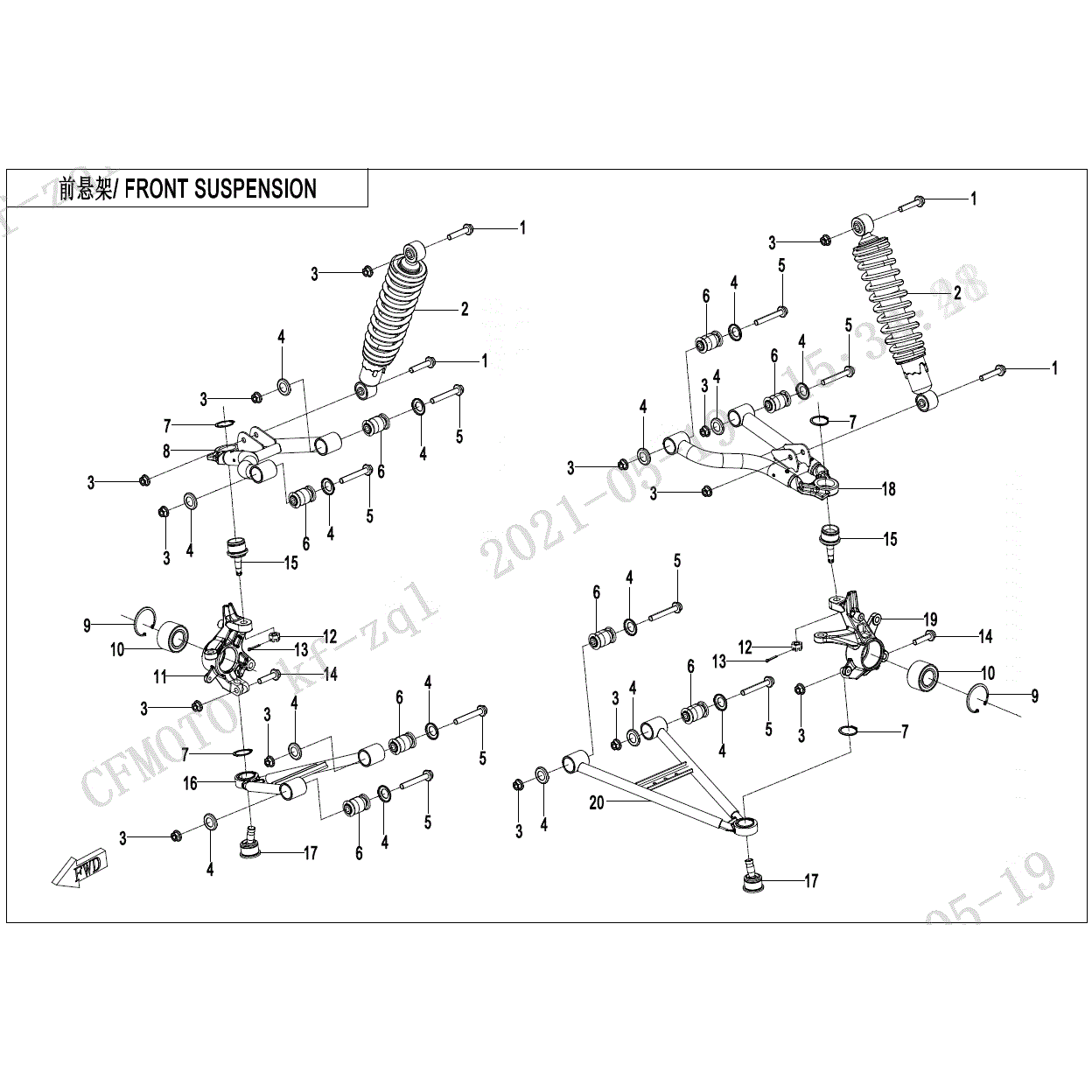 An Image of a genuine CFMOTO Parts Schematic Diagram showing the group - FRONT SUSPENSION - 2023 CFMOTO CFORCE 600 TOURING