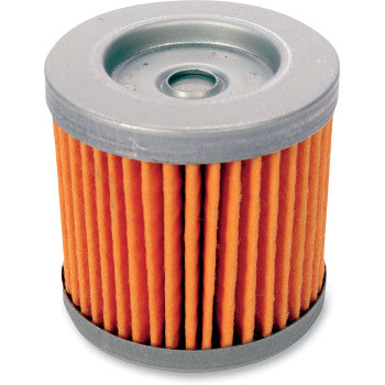 The Kawasaki - Suzuki - Arctic Cat Oil Filter by Twin Air features orange quality paper filter pleats and silver metal end caps, shown upright against a white background for maximum engine protection and performance.
