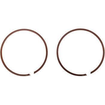 Two brown circular Ring Set by Wiseco rings with small gaps are placed side by side on a white background.