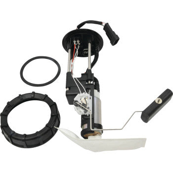 Black cylindrical Polaris fuel pump module with attached float arm, wiring harness, mounting ring, and rubber gasket.