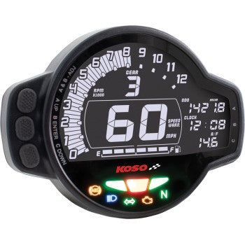 The Koso North America MS 01 Multifunctional Gauge Universal displays speed, RPM, gear, clock, fuel level, and warning lights—all on a sleek digital screen.