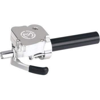 The Dual Gasser Throttle Polished by Moose Offroad features a silver and black billet aluminum design with a lever and cylindrical shaft, engineered for quick and easy bike seat height adjustments.