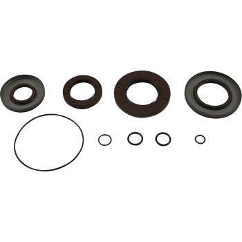 The Polaris Transaxle Seal Kit by Moose Offroad features assorted brown and black seals, washers, and o-rings—perfect for oil leak repairs. All components are neatly arranged in a row on a white background.