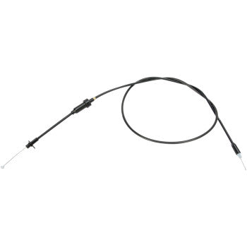 The Polaris Black Vinyl Throttle Cable 46 by Moose Offroad is a flexible black cable with metal ends and a pre-lubricated nylon inner sleeve, coiled on a white background—ideal for automotive or motorcycle control use.