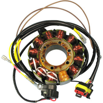 Circular copper-wound stator coil with black wiring and yellow connectors, designed for Polaris offroad vehicles.